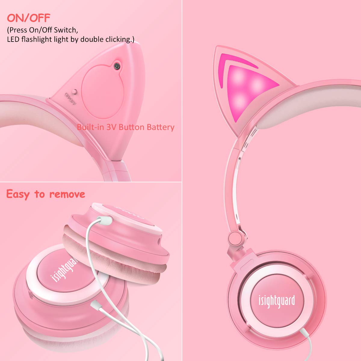 Kids Headphones,Isightguard Wired Headphones On Ear, Cat Ear Headphones with LED for Girsl, 3.5mm Audio Jack for Cell Phone,Pink