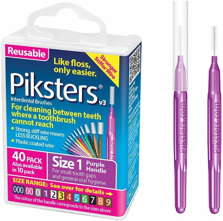 Piksters Interdental Brushes Size 1, 40 pk with Connector Cap, Gum Safe