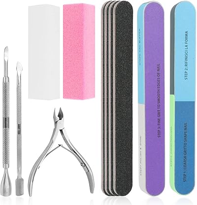 WOVTE 11pc Nail File Set Buffer Blocks Cuticle Nipper Pusher Manicure Tools