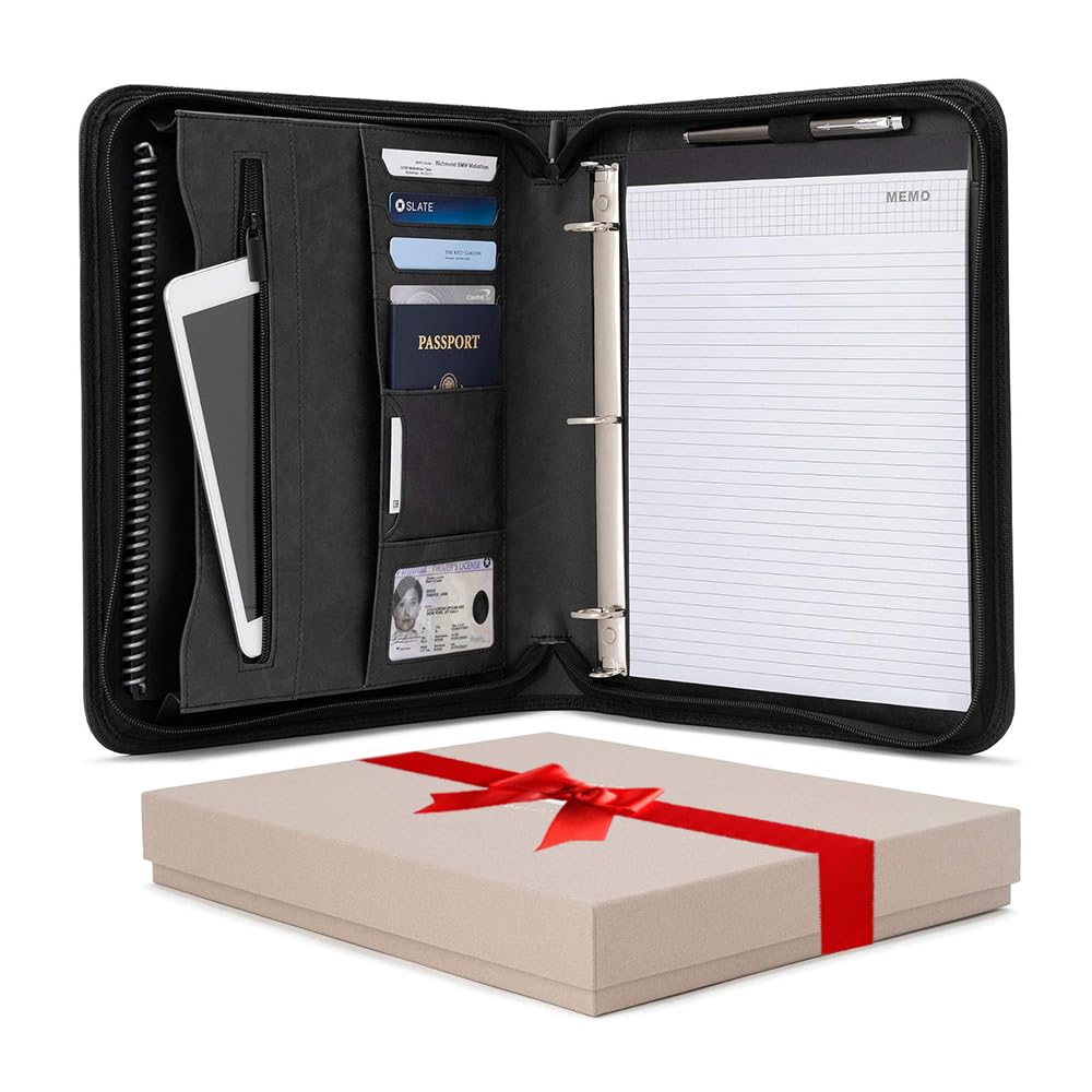 Forevermore Portfolios Padfolio Binder - Professional Faux Leather Travel Organizer Pouch for Tablet, Documents, Removable 3-Ring Notepad - Black