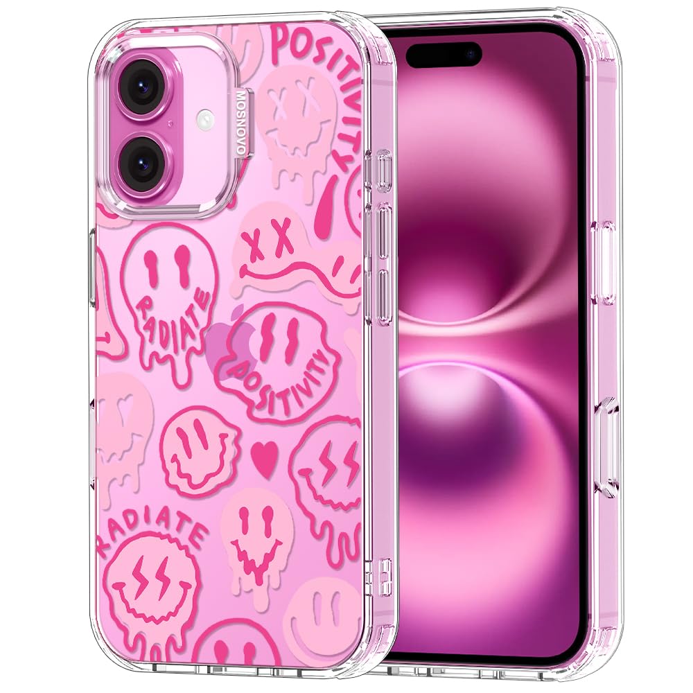MOSNOVO Case for iPhone 16 Plus, [Buffertech 6.6ft Military-Grade Drop Protection] [Anti Peel Off Tech] Clear TPU Bumper Phone Case Cover Design - Pink Dripping Smiles Positivity Radiate Face