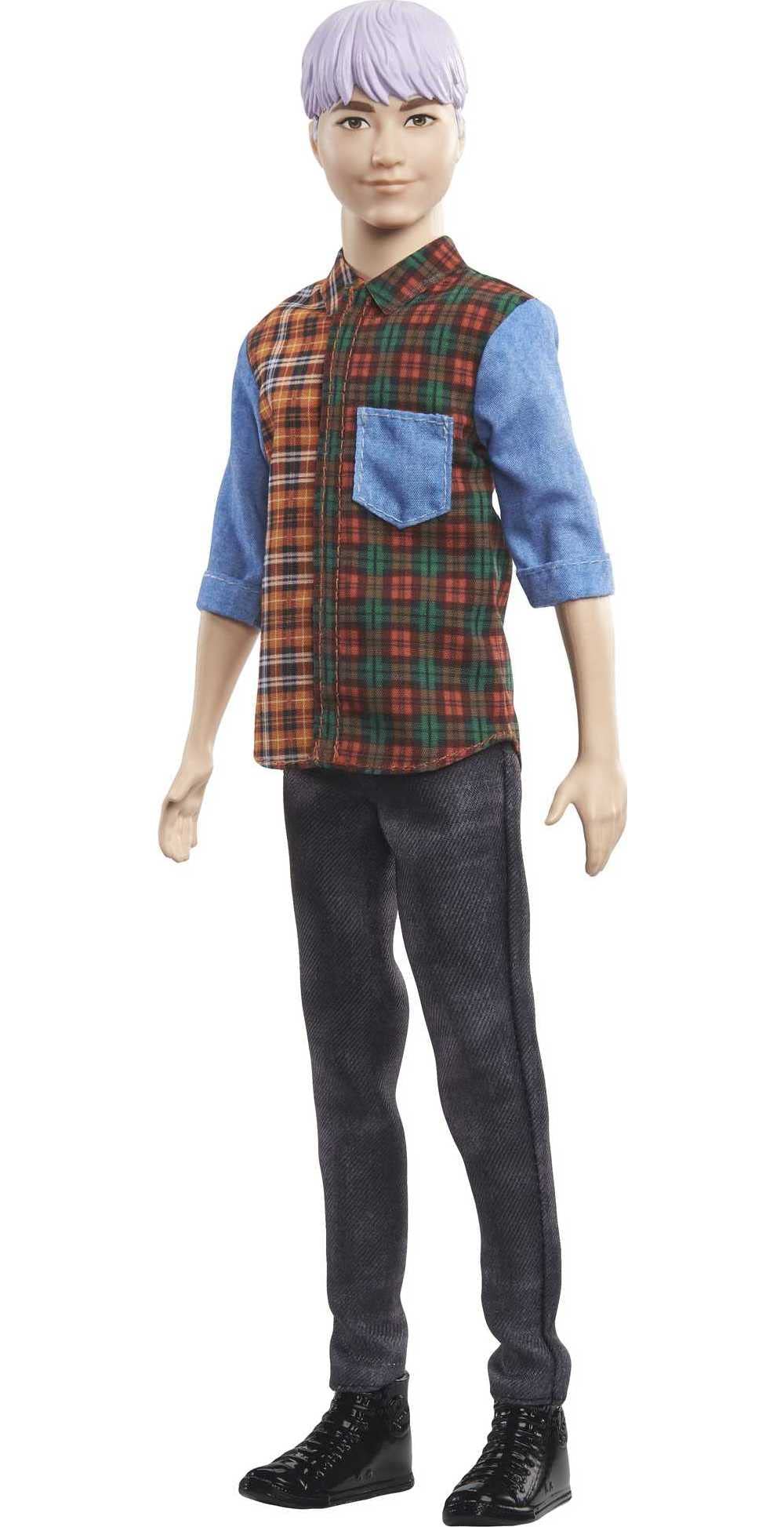 ​Barbie Ken Fashionistas Doll #154 with Sculpted Purple Hair Wearing a Color-Blocked Plaid Shirt, Black Denim Pants & Boots, Toy for Kids 3 to 8 Years Old