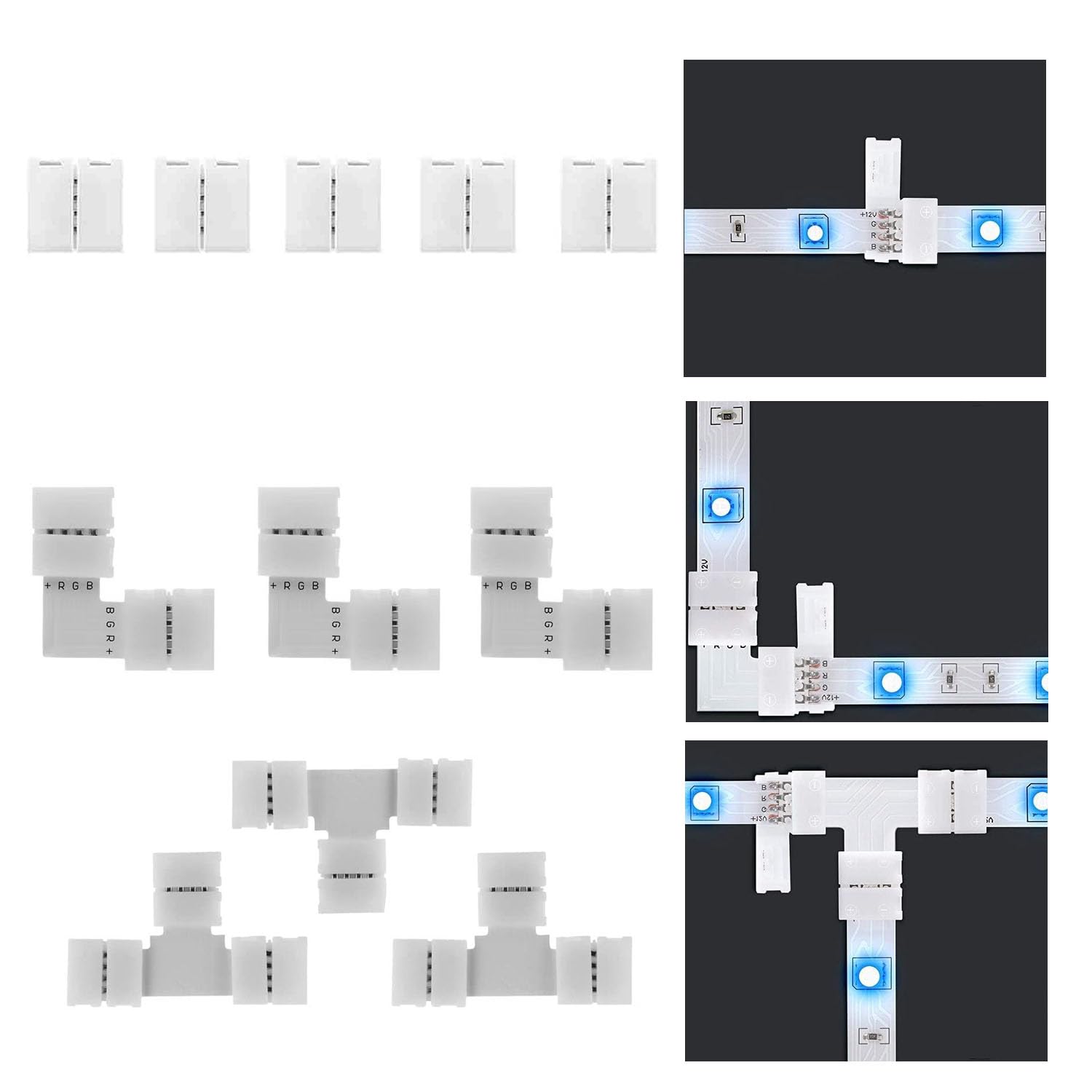 ENQIMAOYI LED Light Strip Connectors,4 Pin RGB 8mm Solderless Connector Kit Includes 5X Gapless Line, L, T Shape Connectors for SMD 2835/3528 Multicolor LED Strips