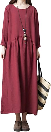 Amazon Co Jp Bestmood ワンピース 長袖 レディース ロングワンピース クルーネック シンプル 綿 麻 マキシワンピースゆったり ロング丈 チュニック 体型カバー 大きいサイズ カーキ 秋 服 ファッション小物