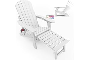 YEFU Adjustable Adirondack Chair with Footrest, 5-Level Adjustable Adirondack Chair with Retractable Ottoman & 2 Cup Holder, Folding Adirondacks Chairs Use for Outdoor, Pool, Patio, Fire Pit (White)