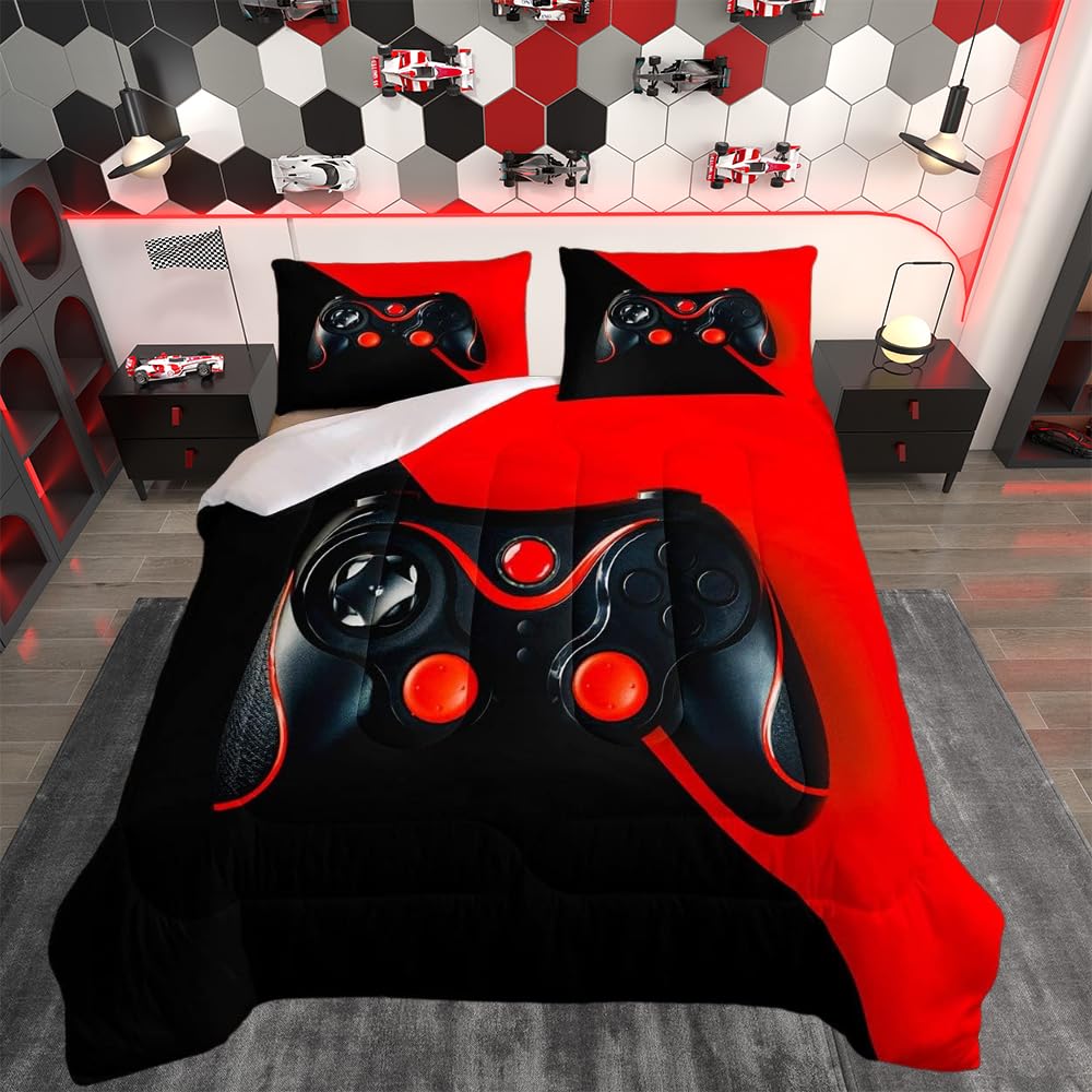 Loussiesd Boys Gamepad Duvet Insert Black Red Splicing Duvet Kids Adults Cool Video Game Gamepad Hippie Game Controller Double Size — image 1