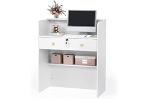 OmySalon Reception Desk with Counter, Small Front Desk w/Lockable Drawer, Wooden Modern Reception Table for Salon Lobby Office Home (White, 32)