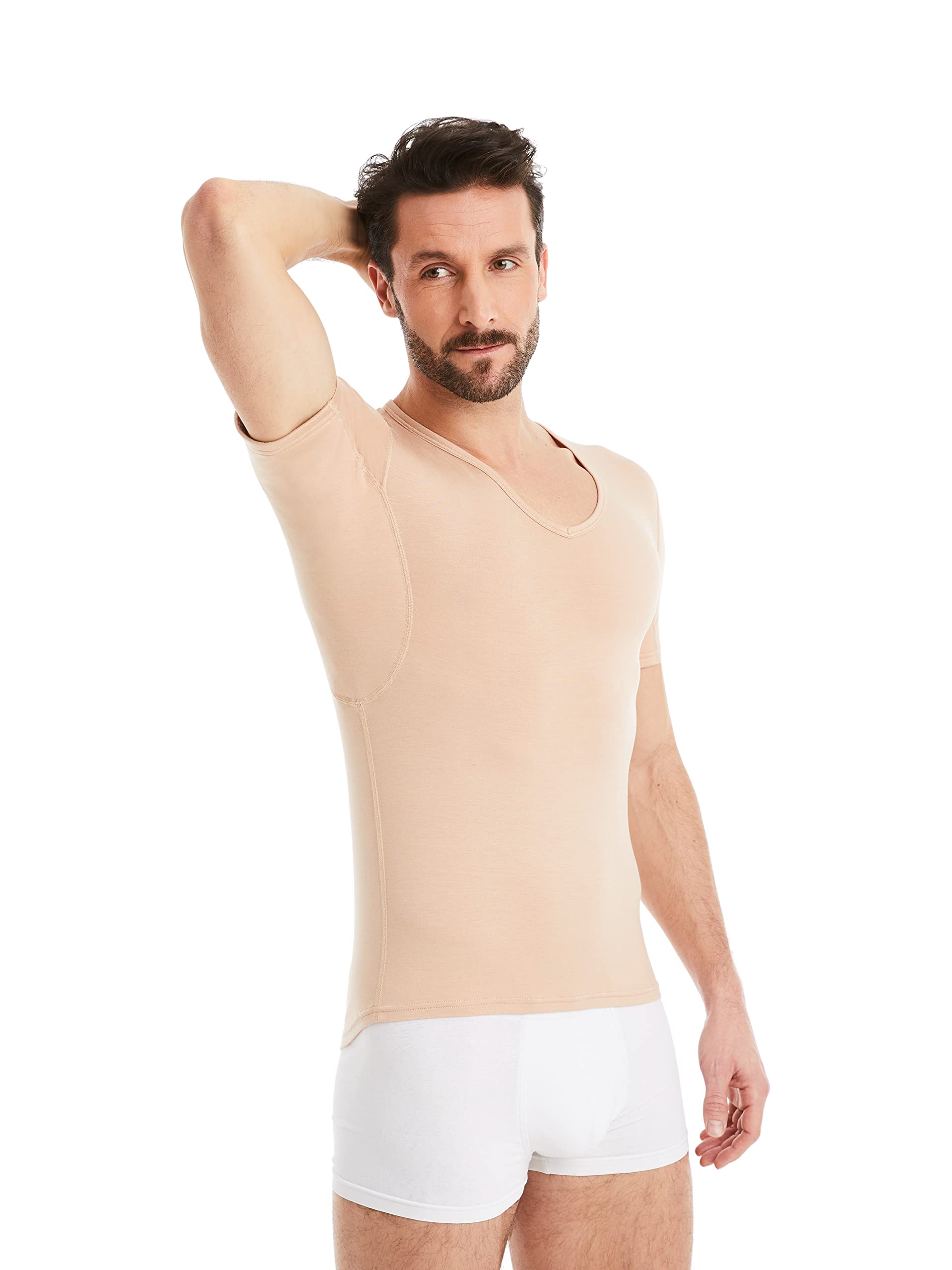 FINN Anti-Sweat Men's Shirt with V-Neck and Built-In Armpit Sweat Pads to Combat Excessive Sweating - Undershirt with Guaranteed Protection Against Sweat Stains and Odour Invisible Skin Color Nude 3XL