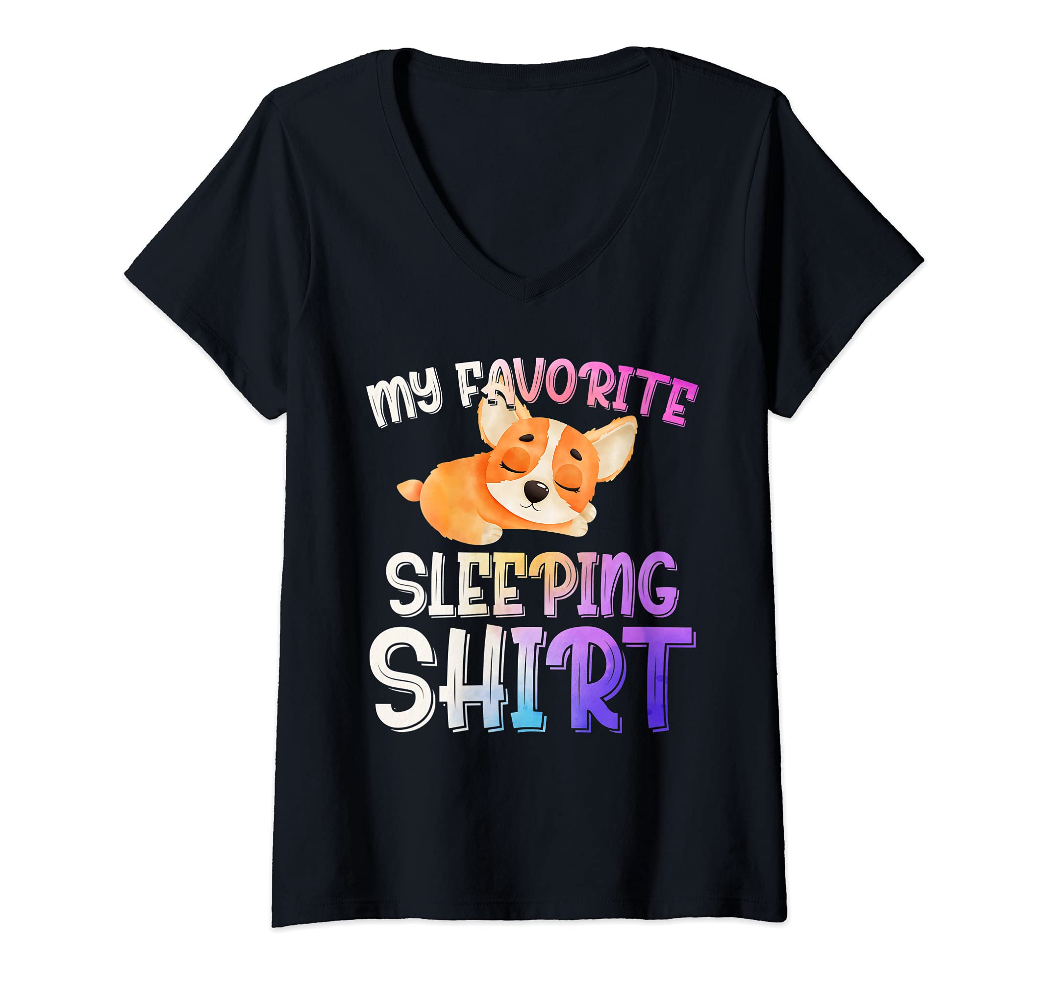 Womens Cute Animal Pet Late Riser Sleepy Late Nighter Sleeping Dog V-Neck T-Shirt