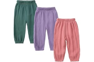 Kids Tales 3 Pack Boys Girls Cotton Linen Pants Child Basic Plain Solid Trousers Big Kids Elastic Waist Long Pants Bloomers