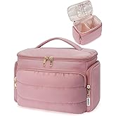WANDF Travel Toiletry Bag for Women, Wide-open Large Makeup Bag with Handle, Puffy Makeup Organizer for Toiletries, Cosmetics, Accessories, Essentials (Dusty Pink)