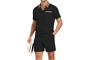 PrinStory Men's Summer Track Suits Waffle Knit Polo Shirt and Shorts Set Casual 2 Pieces Outfits with Pockets