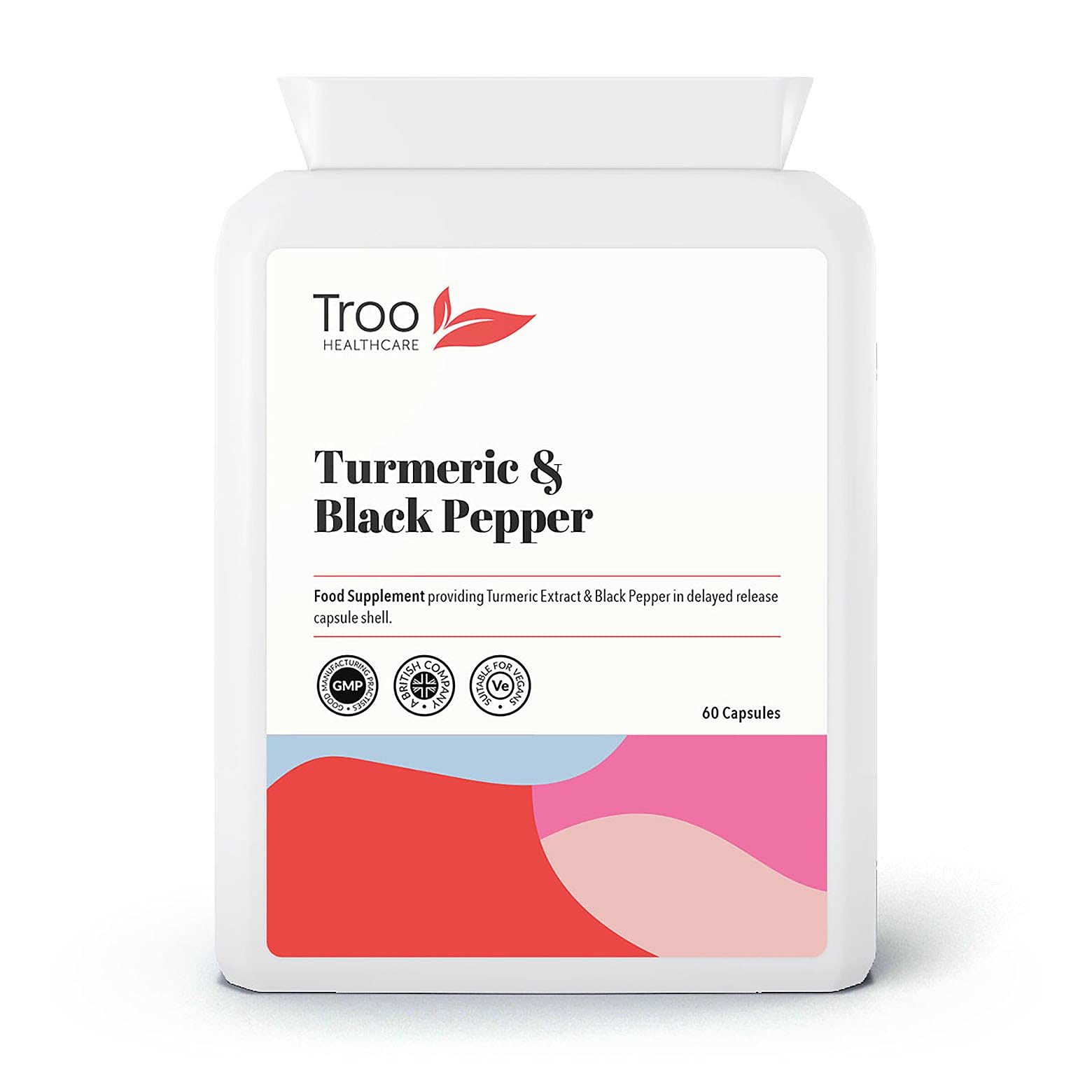 Troo Health Care Turmeric Supplement (500 mg) - 60 Capsules with Black Pepper Extract Piperine | Provides 95% Standardisation of Curcumin | UK Manufactured