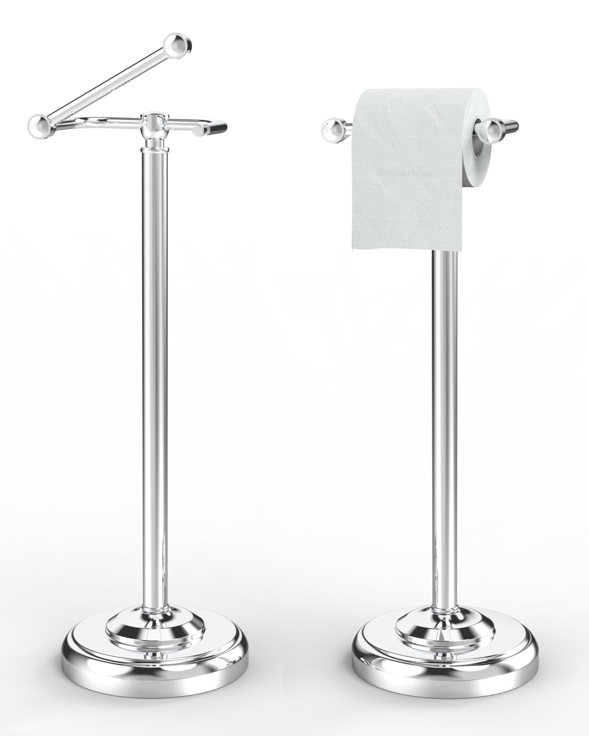 WZRUA Toilet Roll Holder Free Standing, Chrome Stainless Steel Toilet Roll Holder Stand, Double Post Pivoting Toilet Paper Holder Standing, Anti-slip Weighted Pedestal