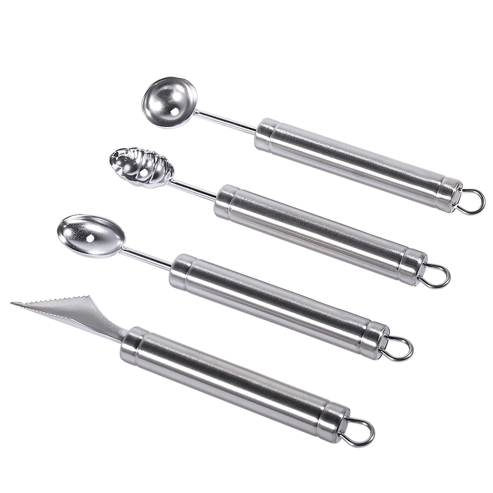 Newness Melon Baller and Fruit Carving Knife, 4 Pcs – 304 Stainless Steel Different Sizes Round Scoop Small Baller Carving Utensils Tool Set for Fruit, Vegetable, Salad, Ice Cream, Cookie Dough