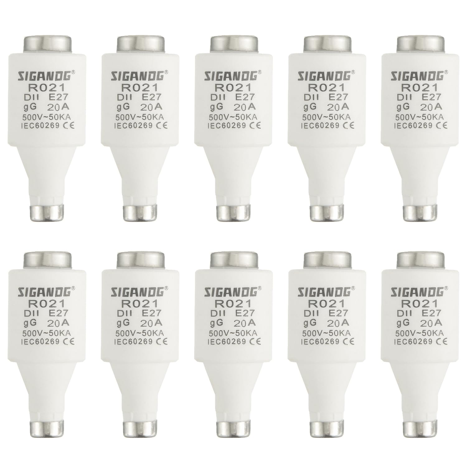 SIGANDG 20A DII E27 R021 Spiral Ceramic Fuses gG Diazed Fuse Links 500VAC for Cable and Line Protection (Pack of 10)