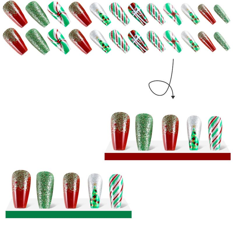 TULOBI Christmas Press on Nails Medium Coffin Fake Nails with Christmas Tree Designs Glitter Glue on Nails Xmas Design Green and Red Stripes Full Cover False Nails Artificial Acrylic Nails 24pcs - Image 3