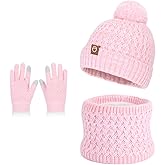 Lrastok Kids Winter Hat Gloves Scarf Set, Pom Wool Warm Fleece Beanie Knit Neck Gaiter Mittens for 4-10 Years Children