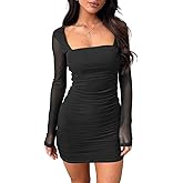 oten Women Mesh Long Sleeve Square Neck Mini Dress Sexy Ruched Bodycon Cocktail Club Party Short Dresses
