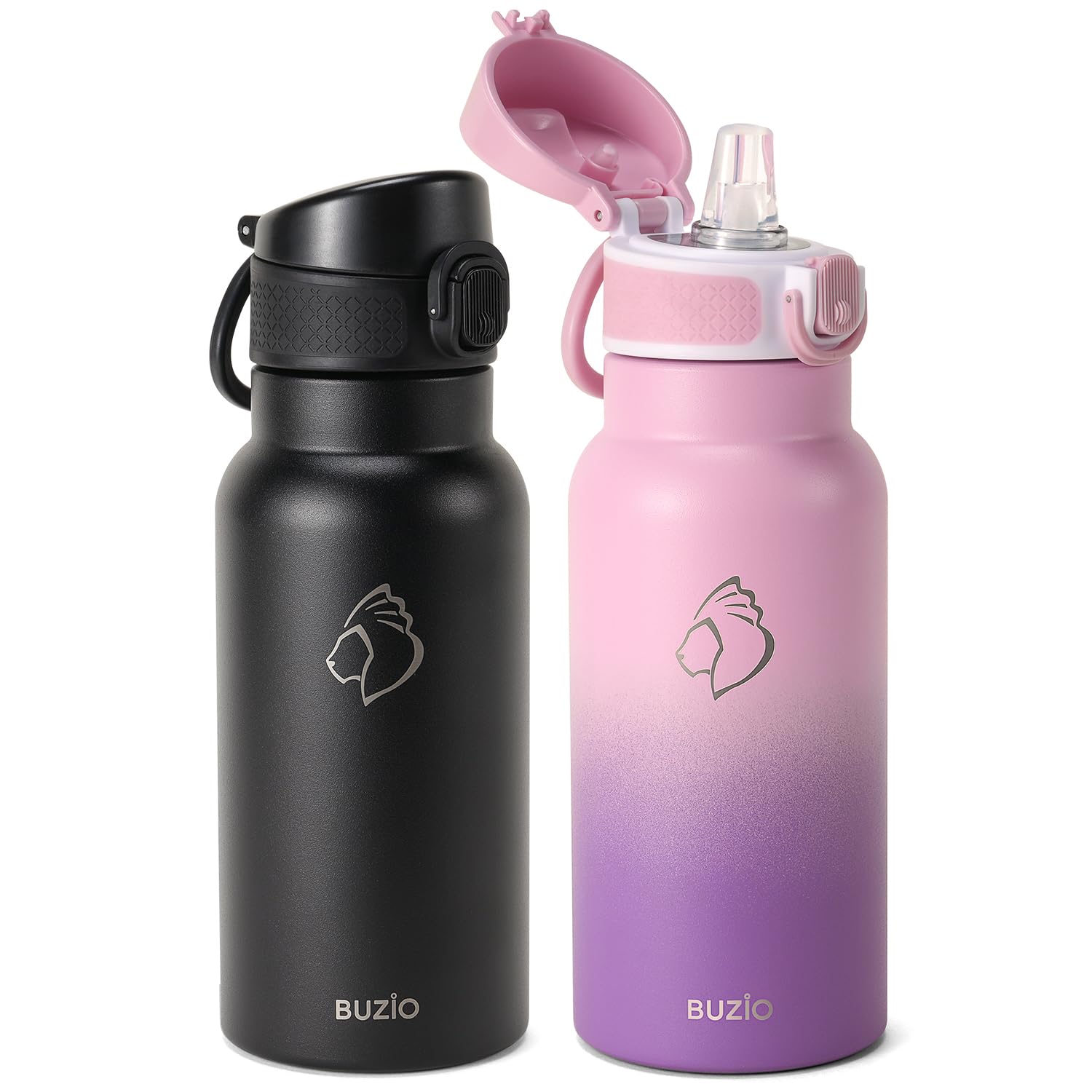 BUZIO 2 Pack Insulated Water Bottle 500ml - Stainless Steel Water Bottle with Straw for - BPA Free - 100% Leak Poof - Lockable POPUP Lid - Water Bottle 500ml - Black&Purple
