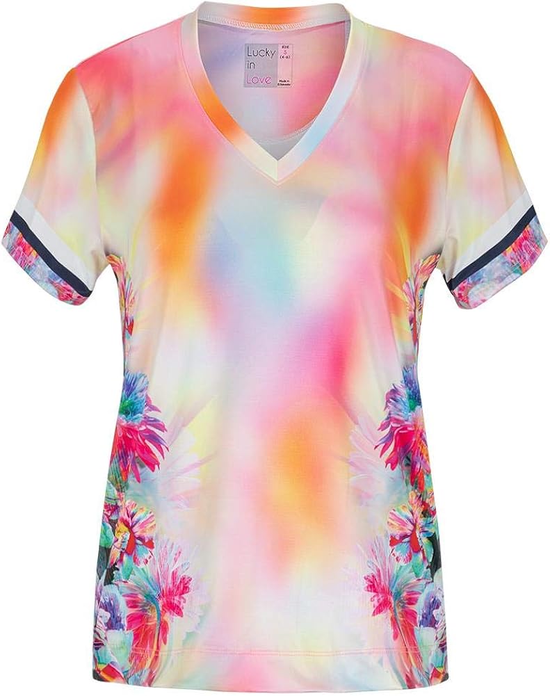 Lucky In Love Women`s Short Sleeve Tennis Top Techno Tropic (Large Punch) at  Women’s Clothing store