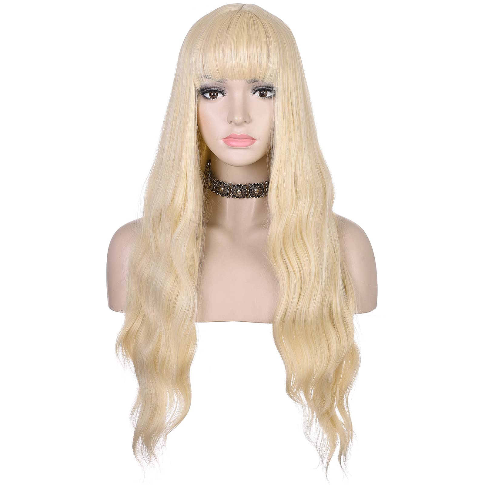 Photo 1 of AMZCOS Long Wavy Wig with Bangs for Women Heat Resistant Synthetic Hair Wigs for Daily Use (Blonde)