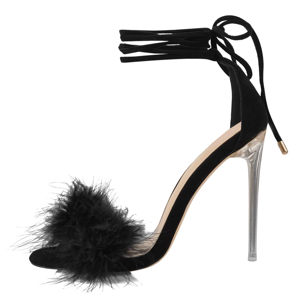 Photo 1 of Richealnana Women's Fuzzy Artificial Feather Clear High Heels Ankle Wrap One Band Open Toe Heeled Sandals Party Dress Dancing Shoes Stiletto Sexy Heel Black Size 8