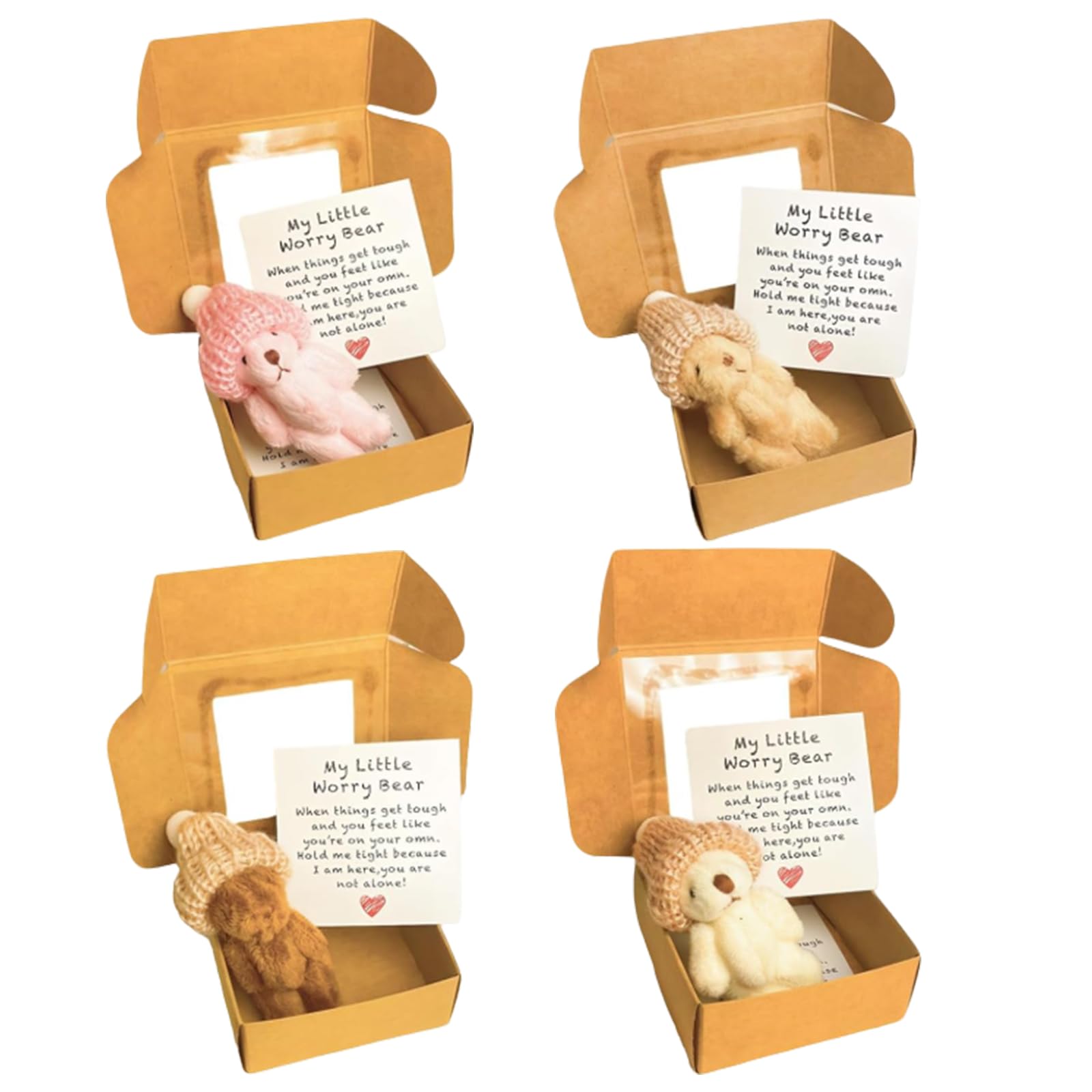 4 Pcs Worry Bear in a Box Mini Plush Teddy Bears with Inspirational Card Pocket Sized Hug Present for Anxiety Relief Positive Good Luck Gifts for Kids Friends Women Men for Christmas Birthday (4Pcs)