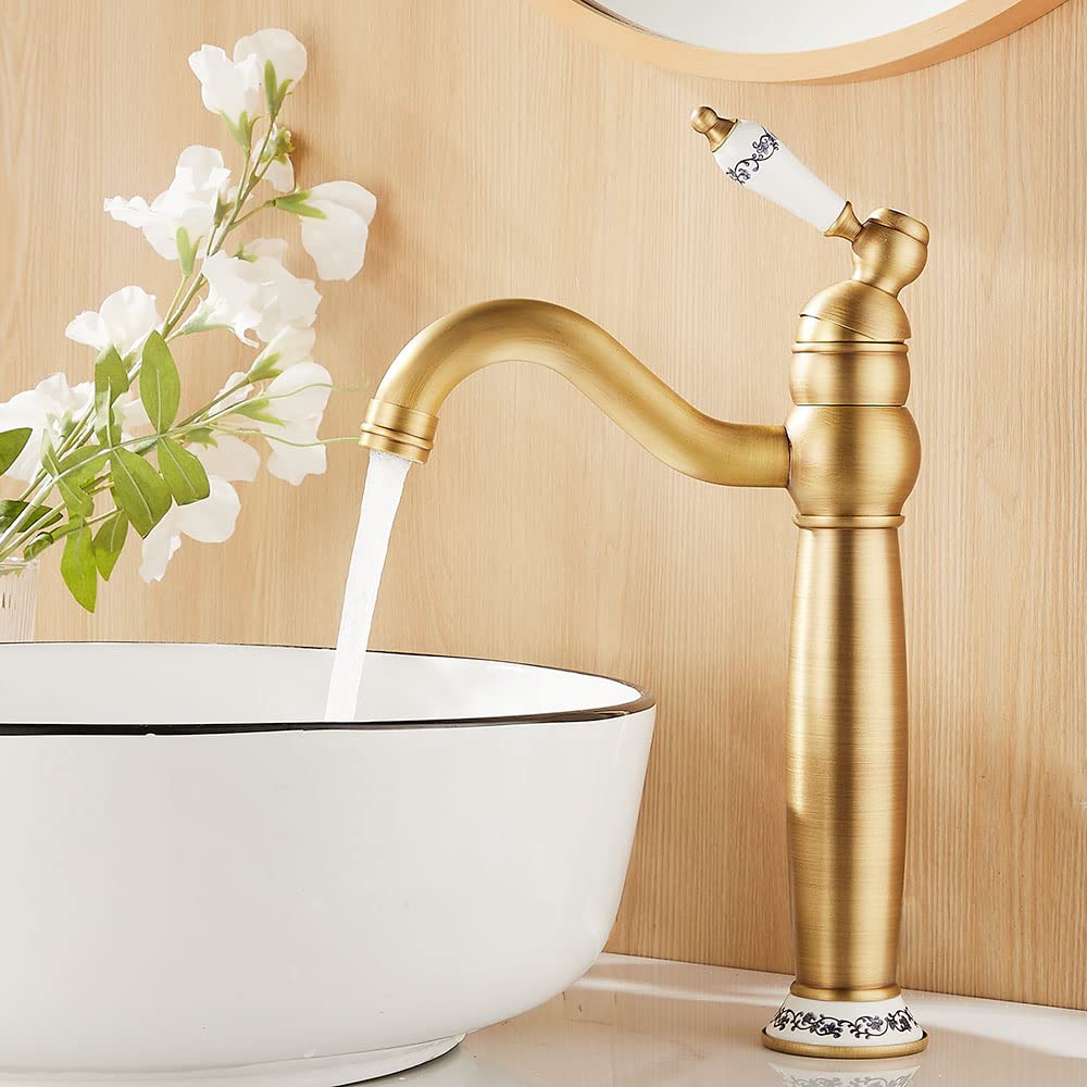 Maynosi Victorian Bathroom Basin Mixer Tap, Mono High Rise Basin Tap for Countertop, Tall Traditional Sink Faucet with Ceramic Lever, 360° Swivel Spout, Classic Taps, Retro Style, Antique Brass — image 1