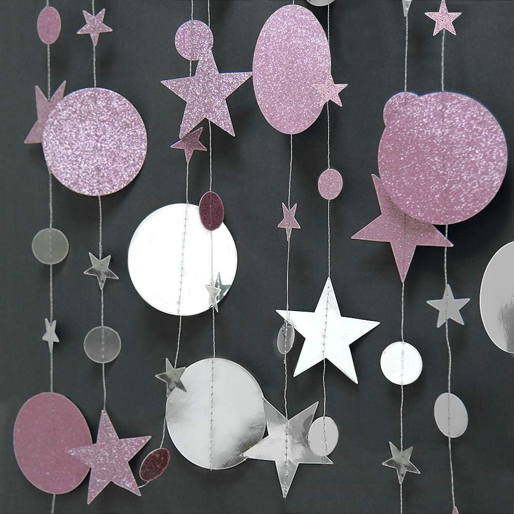 Glitter Pink Silver Circle Dot Garland Twinkle Little Star Decoration Polka Dots Streamer Backdrop Banner Girls Birthday Party Decor/Baby Shower/Wedding/Engagement/Anniversary/Sweet 16/Bridal Shower - Image 4