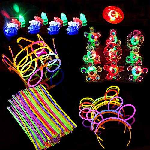 Mypre LED Glow Party Favors Light Up Rings Glowsticks Luminous Bracelets Glasses Hairband Finger Lights Hand Spin Stress Relief Toys for Classroom Celebration Birthday Gift