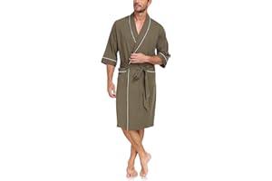 EA'S SECRET 100% Cotton Mens Lightweight Robe Summer Short Sleeve Bathrobe Soft Knee Length Robe with Pockets
