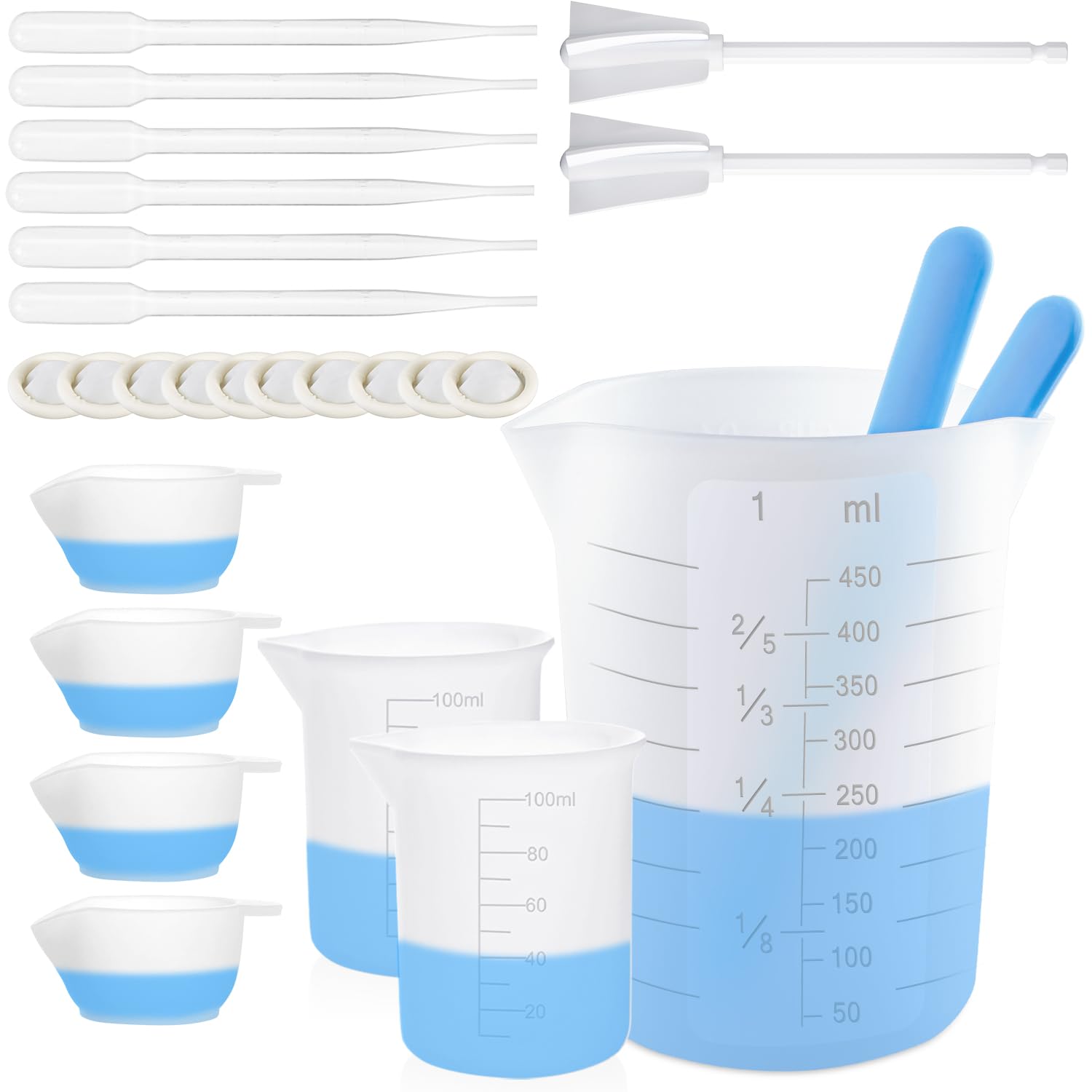 Silicone Resin Measure Cups Tool Kit, Suzzam 450&100ml Silicone Measuring Cups,Stir Sticks,Silicone Color Cup,Mixing Paddle, Pipettes,Finger Cots for Resin,Jewelry Making,Reusable&Easy Clean