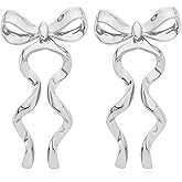 CUFELMU Gold Silver Bow Drop Earrings for Women Long Tassel Chain Bow Earrings Ribbon Bowknot Dangle Earrings Jewelry Gifts