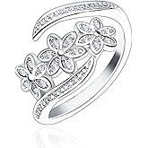 Flower Shaped Wedding Band for Women, 925 Sterling Silver Plated Cubic Zirconia Open Adjustable Engagement Promise Rings for Her