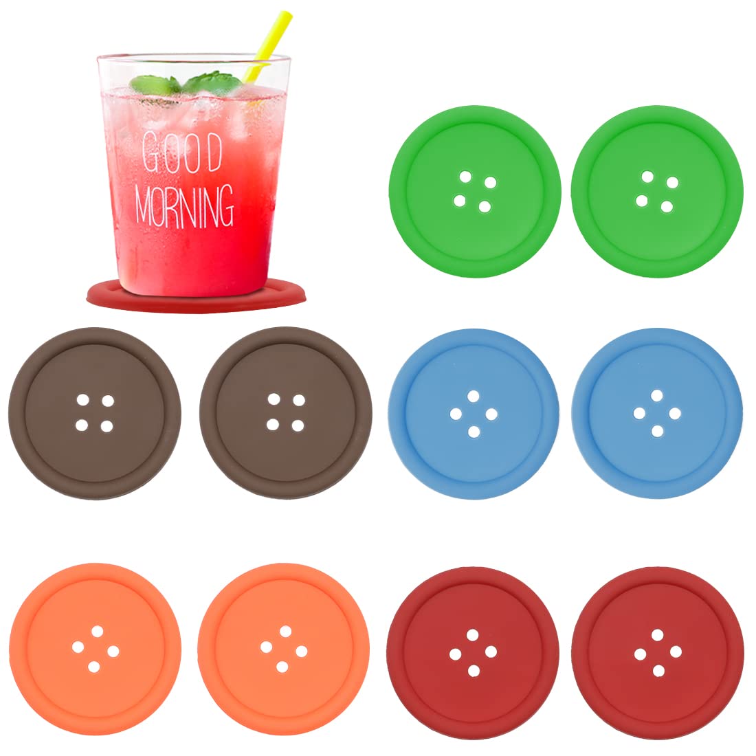 CRITIVE-S Silicone Drink Coaster, 10Pcs Round Button Shaped Cup Cushion Holder, Coffee Drink Mat With Deep Grooved and Non-Slip Placemat