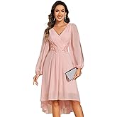Ever-Pretty Women’s Chiffon Lantern Long Sleeves Pleated Appliqued Empire Waist Midi Length Semi Formal Dresses 02926