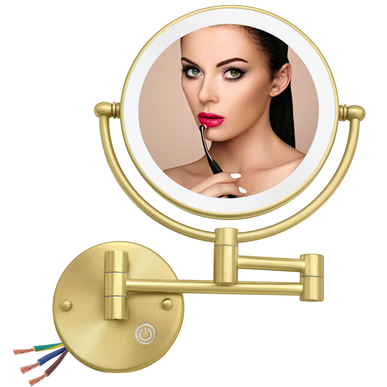 RECKODOR 8'' Lighted Makeup Mirror Wall Mounted Gold, Round Double Sided 1/5X Magnifying Vanity Light, 360 Swivel Cosmetic Bathroom, Touch Dimmable, Brass Brushed Hardwired (RECK06-M-HW)