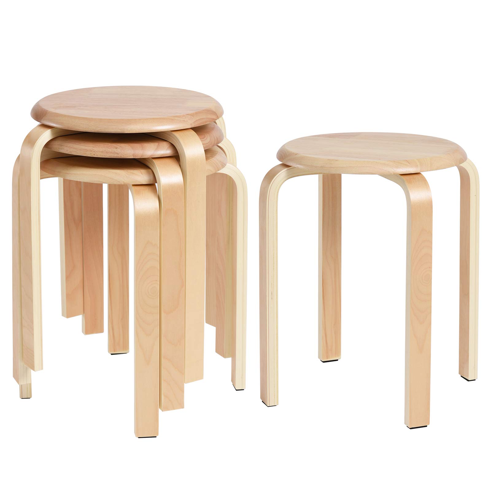 IBUYKE Set of 4 Wood Round Stool, Bar Stools Solid Anti-Slip Bent Wood Stacking Chair Stackable Stools Kitchen Office Party Chair Wood Color RF-752-4