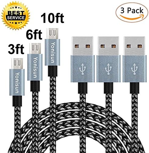 Yonisun Micro USB Cable,3Pack (3FT,6FT,10FT)Nylon Braided High Speed Micro USB Charging Cable Cord Android USB charger cables for Samsung Galaxy S7 Edge/S6/S5/S4,Note 5/4/3,LG,HTC,Tablet(Black+Gray)
