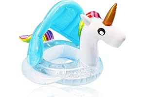 TURNMEON Unicorn Baby Swimming Pool Float with Canopy, Glitters, Seat & Safety Handle, 2024 Summer Baby Floats for Pool, Inflatable Baby floaties for 8-36 Months Toddler Boy Girl Summer Outdoor Party Favor