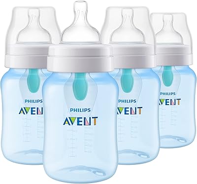 Philips Avent Anti-Colic Bottle with AirFree Vent, 9oz, with Flow 2 Nipples, 1m+, 4pk, Blue, SCY703/24