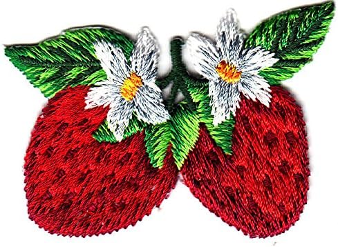 STRAWBERRIES w/BLOSSOMS - FRUIT - BERRY - FOOD - Iron On Embroidered Patch