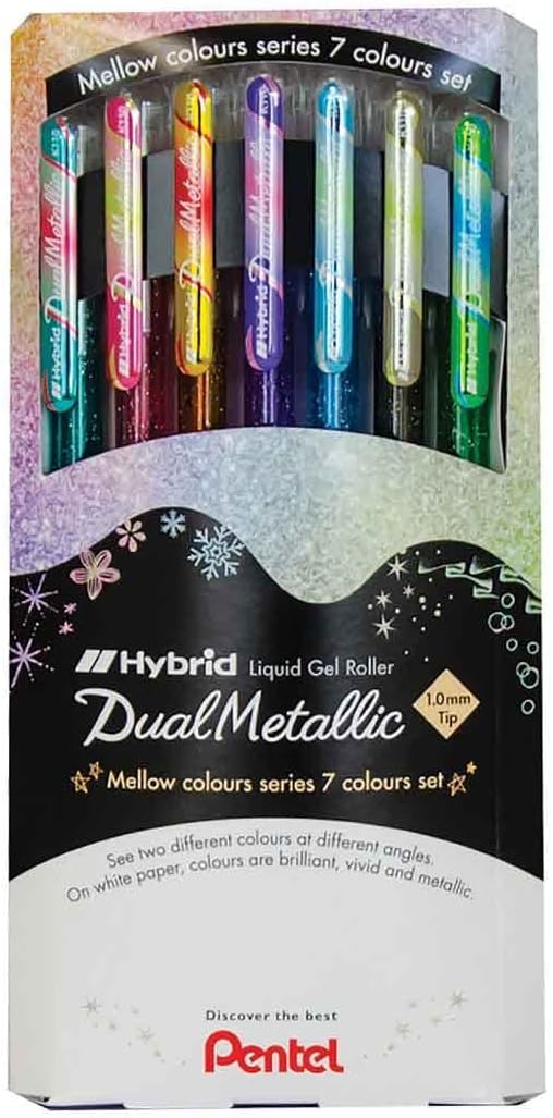 Pentel Hybrid Dual Metallic K110 Pack of 7 Pastel Gel Ink Rollerball Pens