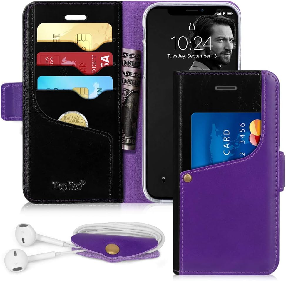 Toplive iPhone XR Case 6.1 Flip Folio Leather Wallet Case Cover for Apple iPhone XR 6.1'' 2018 with Earphone Holderr,Purple+Black