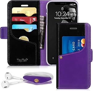 Toplive iPhone XR Case 6.1 Flip Folio Leather Wallet Case Cover for Apple iPhone XR 6.1'' 2018 with Earphone Holderr,Purple+Black
