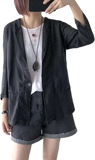 Amazon Zhongjue ジュージェン レディース ジャケット 綿 麻 無地 リネン テーラードジャケット ブレザージャケット サマー ジャケット 通勤 オフィス 7分袖 アウター Freesize黒 コート ジャケット 通販