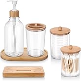 Fixwal Bathroom Soap Dispenser Set, Bamboo Bathroom Accessories Set of 6, Toothbrush Holder, Soap Dispenser, Soap Dish, Tray and 2 Plastic Qtip Medicine Jars with Bamboo Lid
