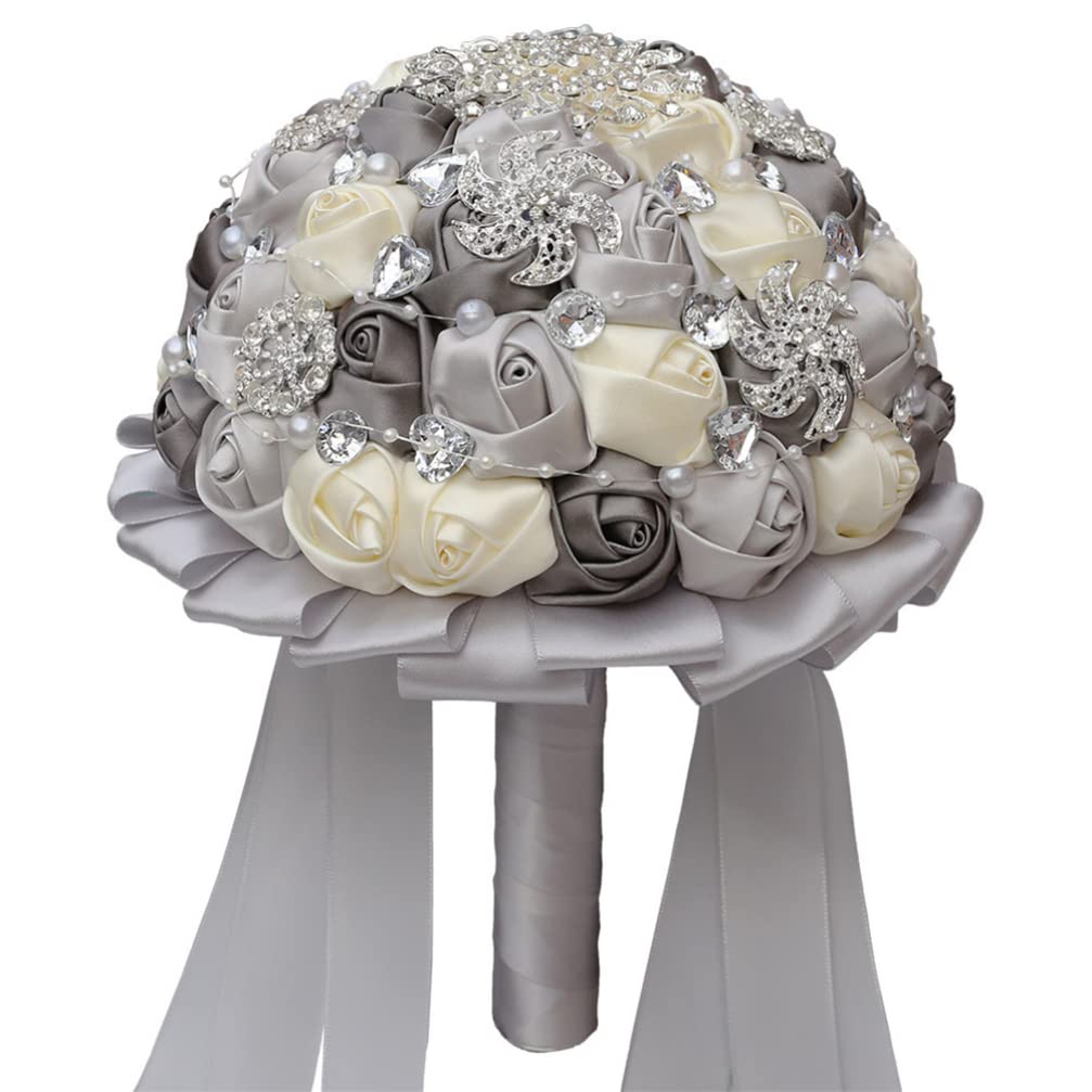 BESPORTBLE Wedding Bouquets Wedding Hand Holding Crystal Rhinestone Artificial Fake Flowers Toss Bouquet Ribbon Tassel for Wedding Bride Bridesmaid Church Party Home Decor Silver 18CM