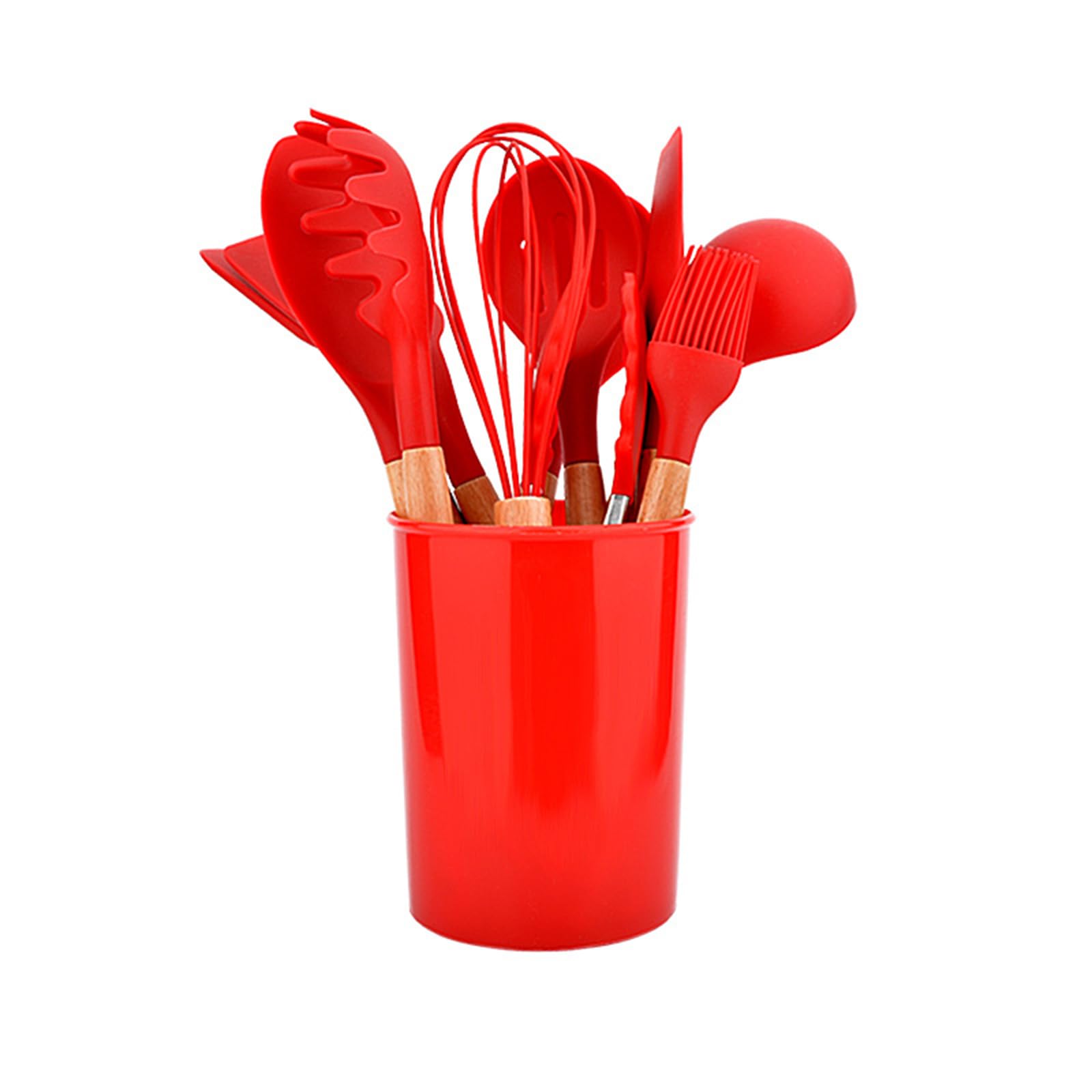 Wooden Handle Silicone Kitchenware Set 12PCS Baking Tools Non-Stick Pan with Storage Bucket Kitchen Utensils Set Red